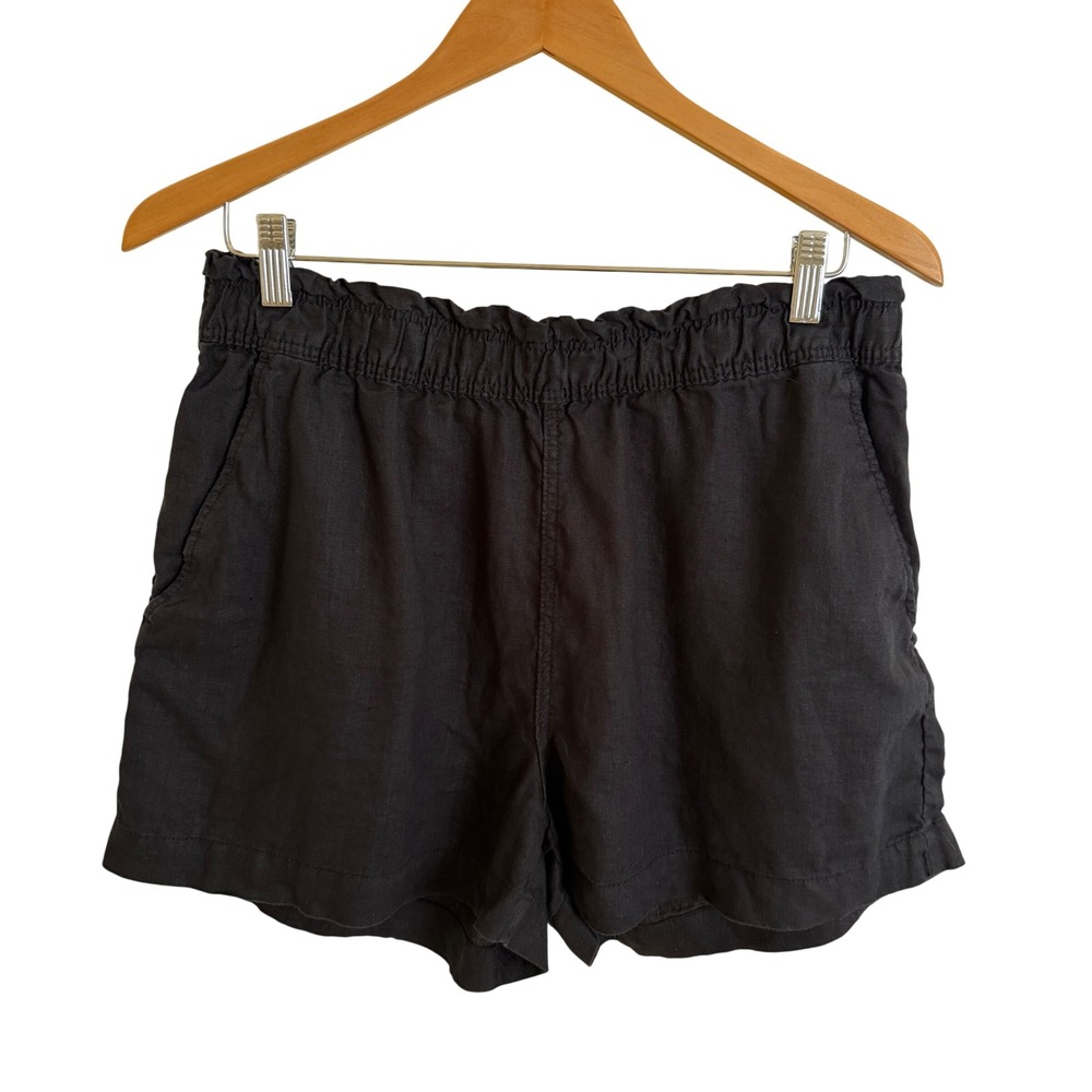H&M Womens Black 100% Linen Paperbag Waist Casual Shorts Size Medium Pull On